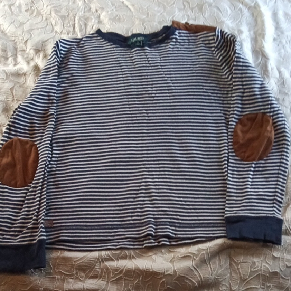 Ralph Lauren Navy and White Striped Top with Brown Accents